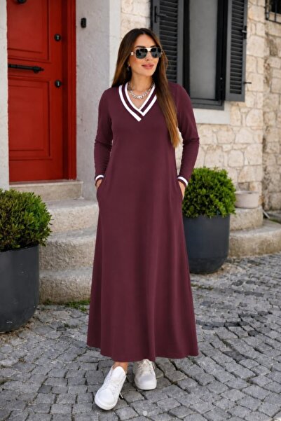 moda wanilia Γυναικείο χειμερινό φόρεμα με λαιμόκοψη V, με λεπτομέρεια από ρι...