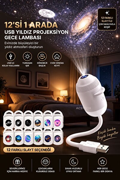 ACSTECH Yıldız Galaksi Projektörü 12’si 1 Arada | Tavan Yansıtmalı Uzay Gökyü...