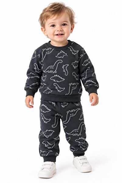 İŞLERKİDS Baby Boy 2-Piece Dinosaur Patterned Sweatshirt Pants Set Beige