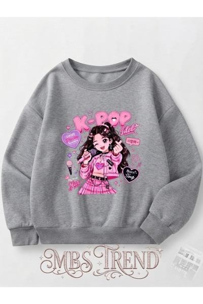 Kids Winter Girls' Gray K-Pop Idol Printed Oversized Sweatshirt - Cute Stage ...