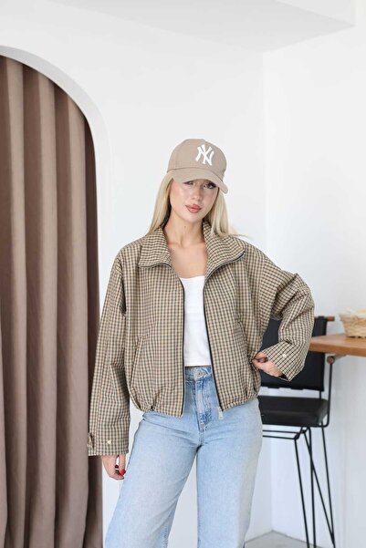 Moda Palmiss Ekose Desenli Fermuarlı Dik Yaka Uzun Kollu Oversize Bomber Ceket