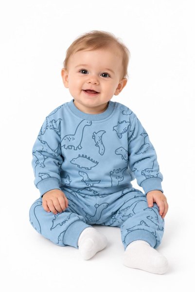 İŞLERKİDS Baby Boy 2-Piece Dinosaur Patterned Sweatshirt Pants Set Beige