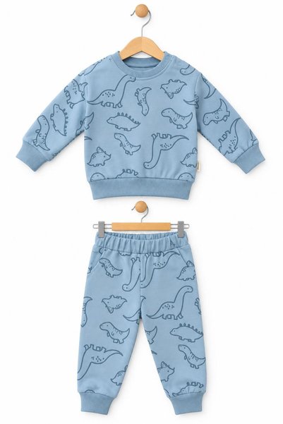 İŞLERKİDS Baby Boy 2-Piece Dinosaur Patterned Sweatshirt Pants Set Beige