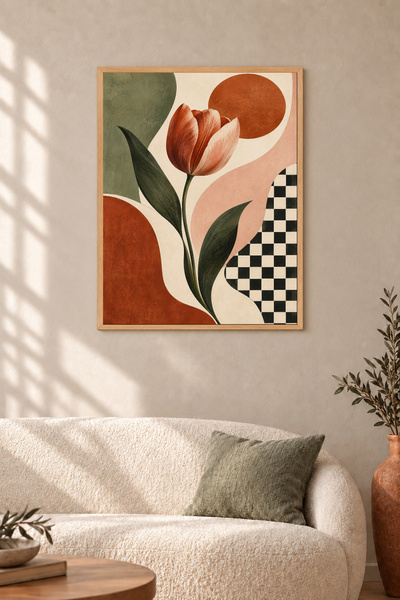 HOPE DİZAYN Modern Turuncu Lale Ahşap Çerçeveli Geometrik Soyut Dekoratif Duv...