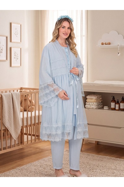 Yeni Sezon Mavi Şık Dantel Detaylı Düğmeli Tasarım Kısa Kollu Hamile Lohusa Sabahlık Pijama Takımı Seti