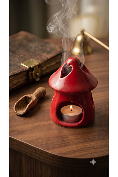 seda seramik Kırmızı Kalp Detaylı Mantar Ev Şeklinde Tealight Mumluk - Dekora...