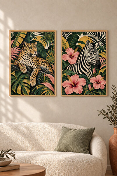 HOPE DİZAYN Leopar ve Zebra Tropikal Ahşap Çerçeveli İkili Dekoratif Duvar Ta...