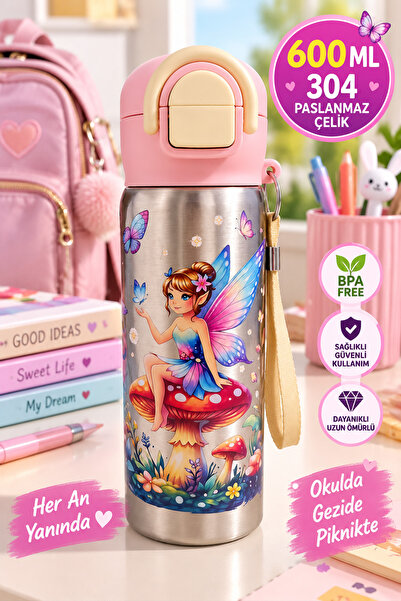 MEDUSHOP Pembe 600 ML Çocuk Çelik Matara 304 BPA Free 2 Kademeli Pipetli Kili...