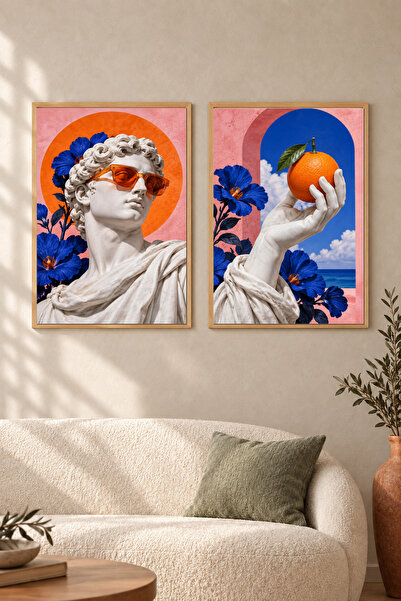 HOPE DİZAYN David Heykeli ve Portakal Ahşap Çerçeveli Pop Art İkili Tablo Seti