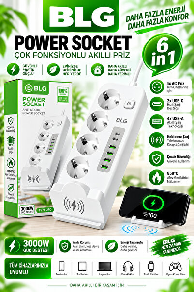 BLG ELEKTROİNK 3000W Akıllı Çoklu Priz 4’lü Topraklı Soket 2 USB-C 4 USB-A Ka...