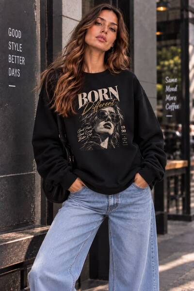 Lizbon Style Γυναικείο μαύρο φούτερ με στάμπα με λαιμόκοψη 3 κλωστών - Μαύρο