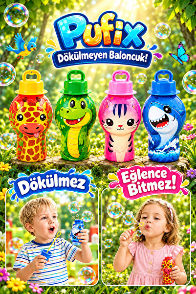 Pufix Dökülmeyen Baloncuk Oyuncağı | Sızdırmaz Baloncuk Şişesi | Hayvan Figürlü Üflemeli Köpük Baloncuk | 59 ml | 3+ Yaş