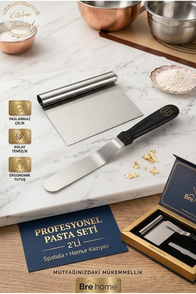 BRE HOME 2'li Profesyonel Pasta Seti – Paslanmaz Çelik Sıvama Spatulası & Ham...