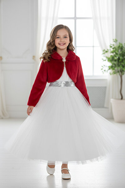 Abiyefon Kırmızı Kız Çocuk Kürklü Kısa Bolero Ceket ABK2467