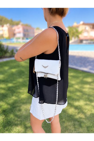 LOREVIE Women's White Hand and Shoulder Bag with Removable Chain Strap (Mini)
