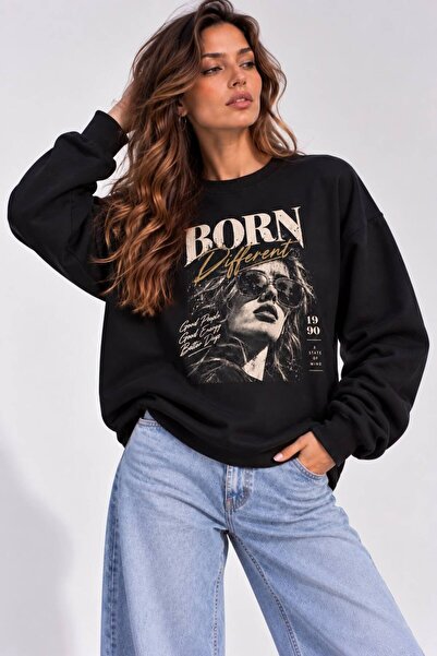 Lizbon Style Kadın Siyah Oversize 3 Iplik Bisiklet Yaka Baskılı Sweatshirt - Siyah