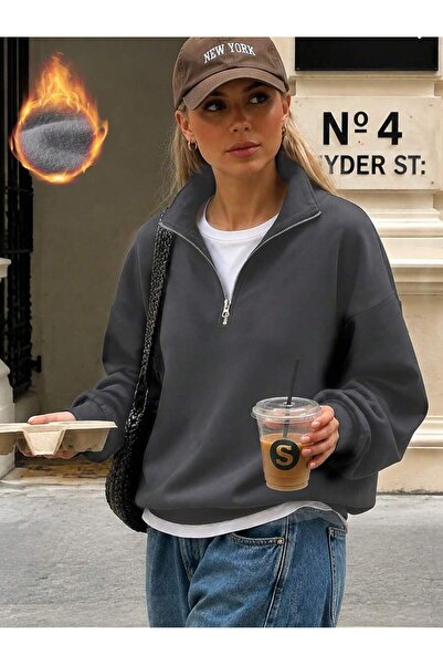 SeusCraft Füme Desensiz Düz Fermuarlı Sweatshirt - Oversize Dik Yaka