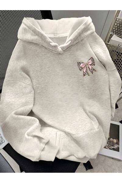 SeusCraft Gri Sırt Leopar Kurdele Sweatshirt - Baskılı Oversize Şardonlu Kapüşonlu