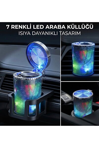 NeonPulse Araç İçi RGB LED Aydınlatmalı Oto Küllük - 7 Renkli Isıya Dayanıklı Kapağı Işıklı Bardaklık Küllüğü