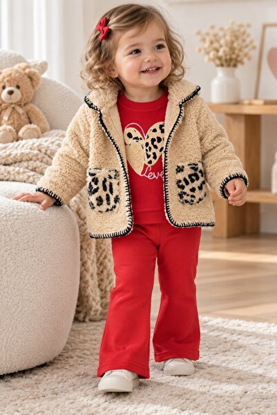 Pure Boutique 3-piece set for girls with teddy sweatshirt, red blouse and fla...