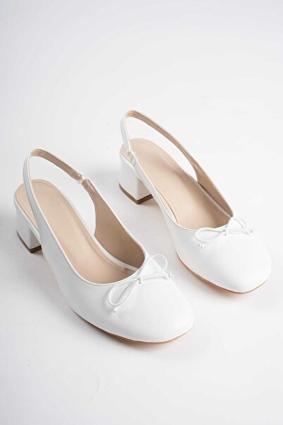 GÜZEL SHOES Beyaz Fiyonk Detaylı Modern Kare Burunlu Topuklu Ayakkabı