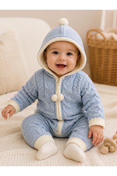 Pure Boutique Salopeta bebe albastra din lana cu gluga si interior imblanit p...