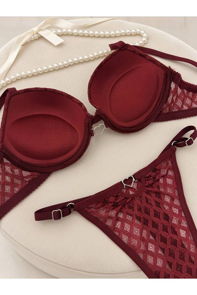 RUYAZ Burgundy Patterned Lace Bra Panty Set with Metal Heart Detail