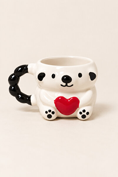 Kalp Tutan Panda Figürlü Krem Seramik Kupa 3D Hediyelik Kahve Çay Kupası