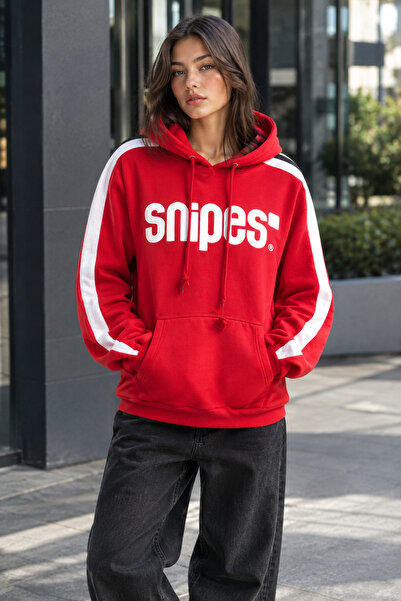 STYLENEST Unisex Kırmızı Beyaz Şerit Detaylı Kapüşonlu Kanguru Cepli Oversize...
