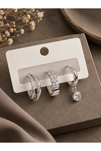 serelya Brass Zircon Stone Hoop Model Silver Color 3-Piece Double Women's Ear...