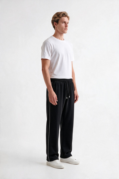 VESTRO Men's Baggy Black Sweatpants Winter Style with Side Piping and Zipper ...
