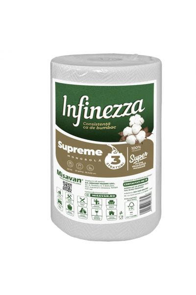 Misavan Prosop de hârtie pe rolă simplă Infinezza Supreme, 3 straturi, 100% c...