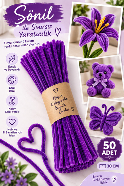ASL ArtPaper Mor Şönil Tel 50 Adet 30 cm – Çiçek Yapımı, Hobi ve El Sanatları