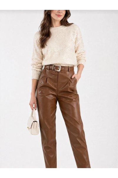 MAİMODA Women's Faux Leather Belted Carrot Pants