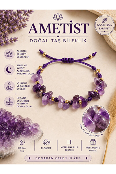 Femenino Ametist 1. Kalite Doğal Taş Merdiven Kapama Tasarım Bileklik