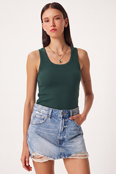 Lovelyİstanbul Ribbed Thick Strap Knitted Undershirt Lhj0001 Dark Green