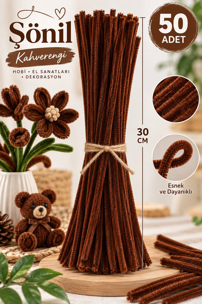 ASL ArtPaper Kahverengi Şönil Tel 50 Adet 30 cm – Çiçek Yapımı, Hobi ve El Sa...