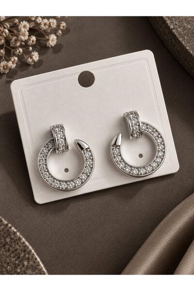 serelya Brass Silver Color Zircon Stone Nail Ring Model Women's Earrings
