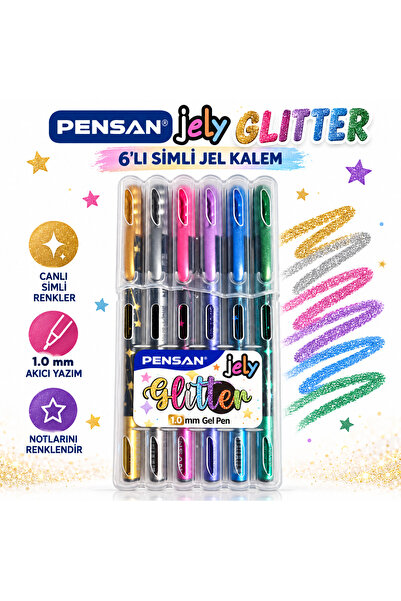 Jely Glitter 6’lı Simli Jel Kalem Seti 1.0 mm Renkli Parıltılı Kalem