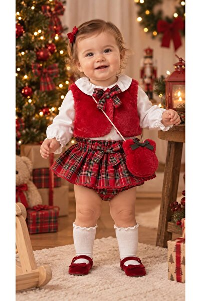 lisaloom baby & kids Premium Red Plaid Romper Skirt, Plush Vest, Shirt and Ba...