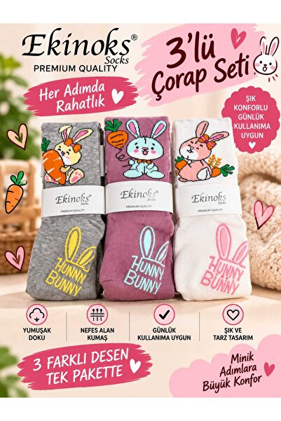 Ekinoks Abay Tavşancık Desenli Abs Baskılı Koton %100 Pamuk 3lü Kilotlu Çocuk Çorabı 1-6 Yaş 3496