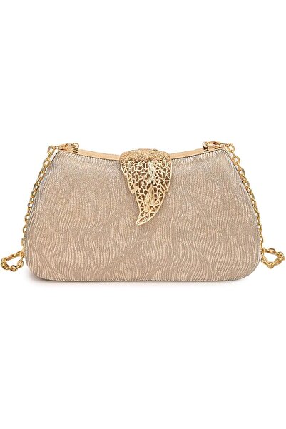 Generic Evening Clutch Purse, Champagne Gold Textured Crossbody Bag with Deco...