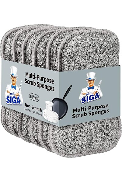 MR.SIGA Dual-Sided Scrub Sponges, Reusable Dishwashing Sponges, 6 Pack