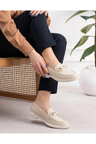 MCASERING Günlük Kadın / Kız OXFORD Kolej Loafer Bej G tokalı Ayakkabı
