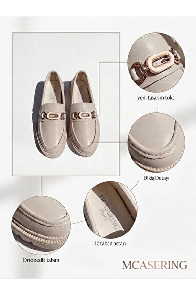 MCASERING Günlük Kadın / Kız OXFORD Kolej Loafer Bej G tokalı Ayakkabı