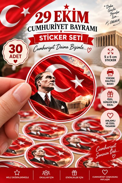 StickerAtölye Atatürk ve Türk Bayrağı 5x5cm Yuvarlak Sticker 30 adet