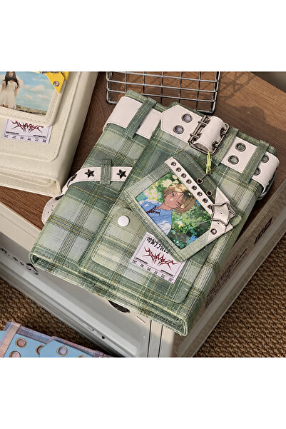 Kawaii Plaid Metal Detailed Denim A5 Binder Green