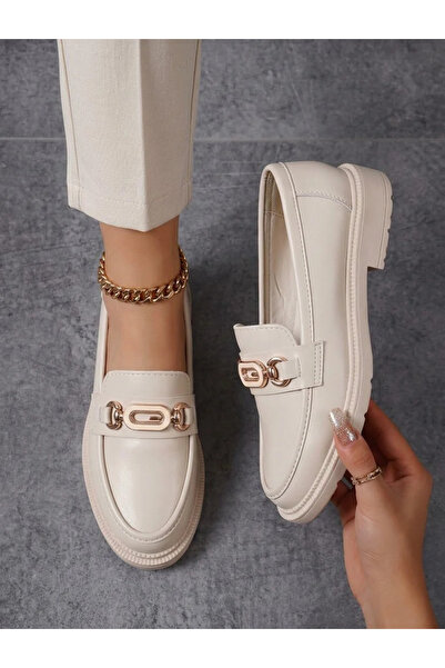 MCASERING Günlük Kadın / Kız OXFORD Kolej Loafer Bej G tokalı Ayakkabı