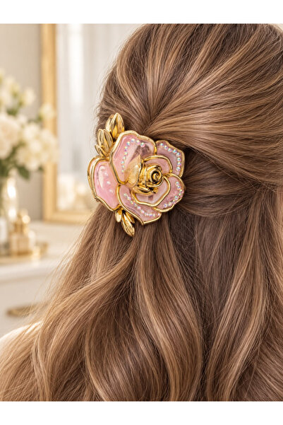 İnDerin Women's Stoned Rose Model Hairpin with Gold Detail Acrylic Hair Clip