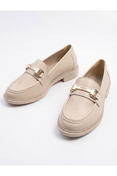 MCASERING Günlük Kadın / Kız OXFORD Kolej Loafer Nonu Toka Bej Cilt Ayakkabı